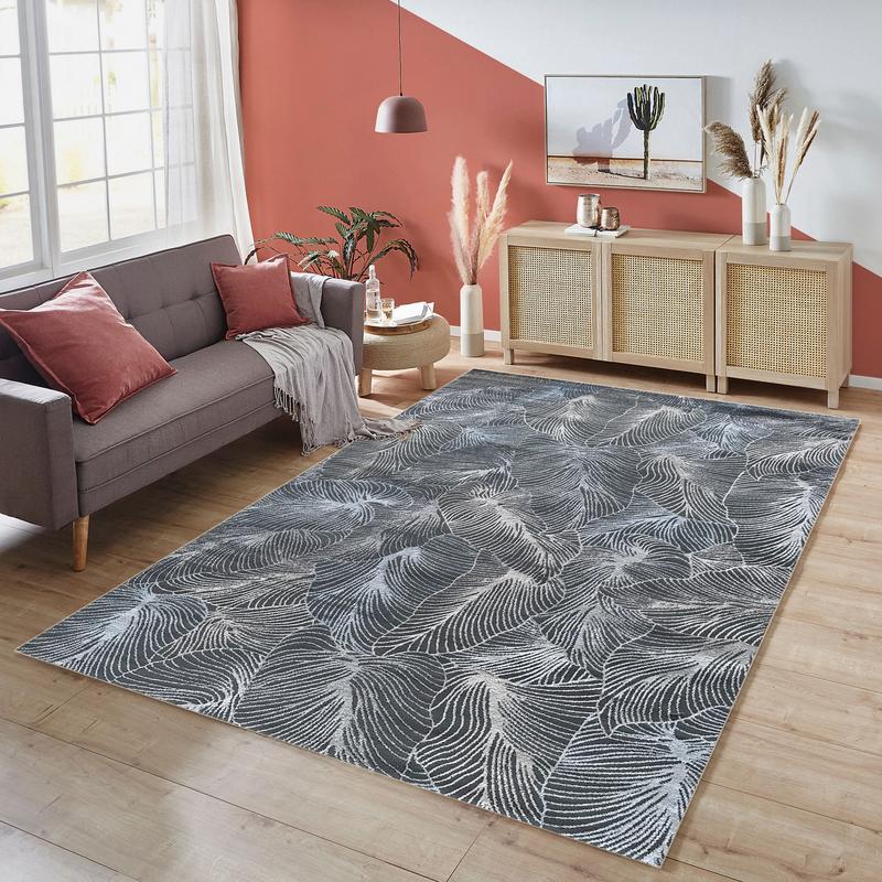 Alin Leaf Pattern Blue Area Carpet