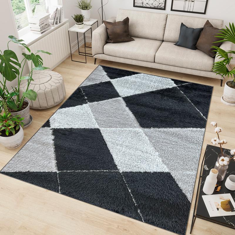 Shaggy Black Block Area Carpet