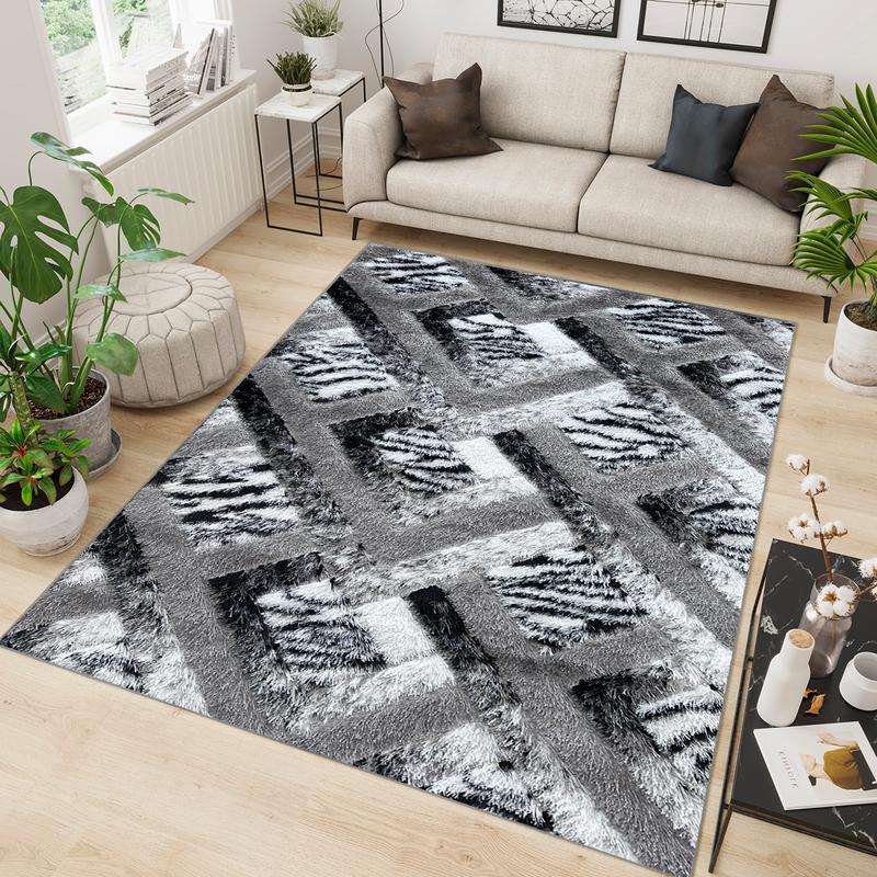 Shaggy Grey Block Area Carpet